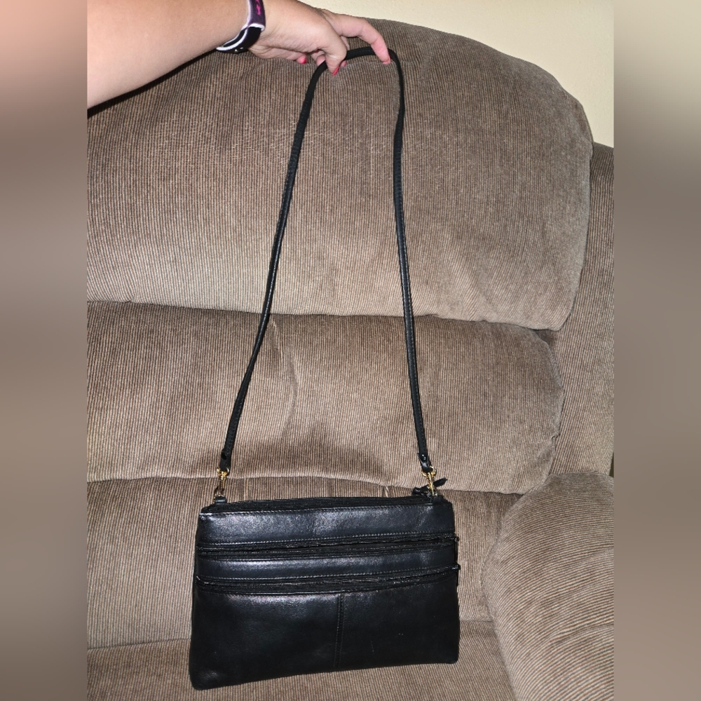 Black Leather Convertible Clutch with Zipper Detail - Picture 3 of 3